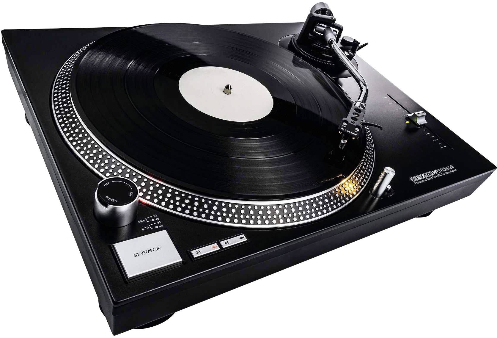 Plattenspieler mit schwarzem Gehäuse spielt eine Schallplatte. Der Tonarm ist rechts positioniert.