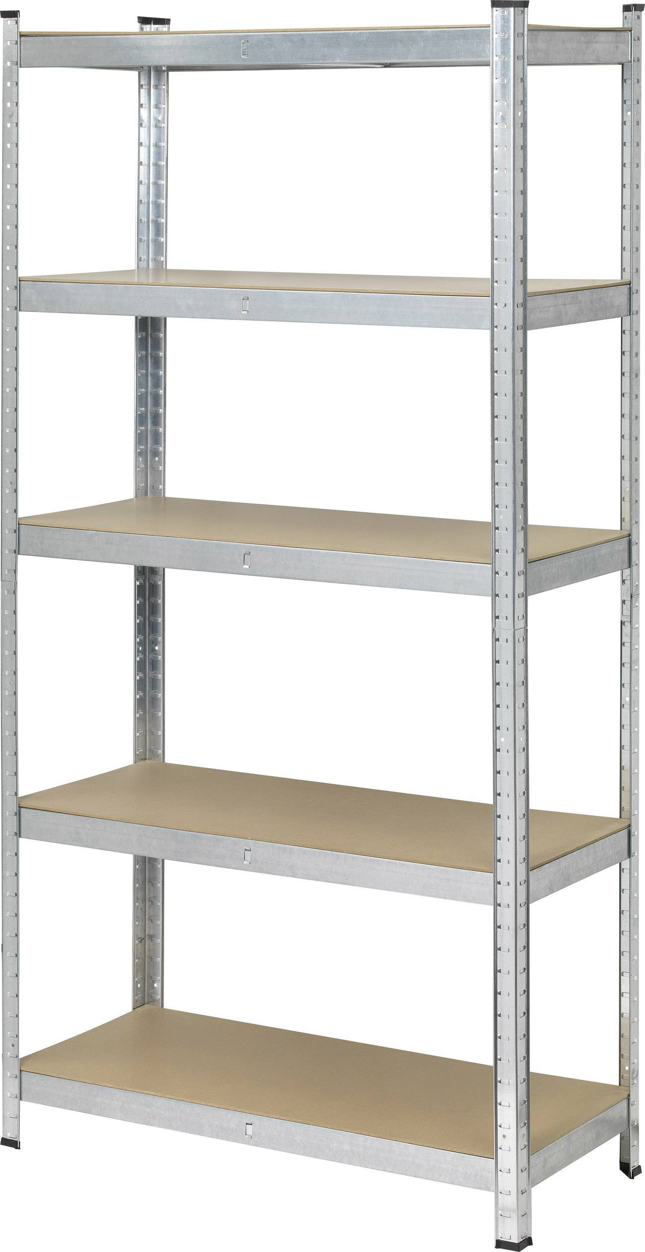 Regal mit fünf Holzböden und Metallgestell für Lagerung. Geeignet für Garage oder Abstellraum.