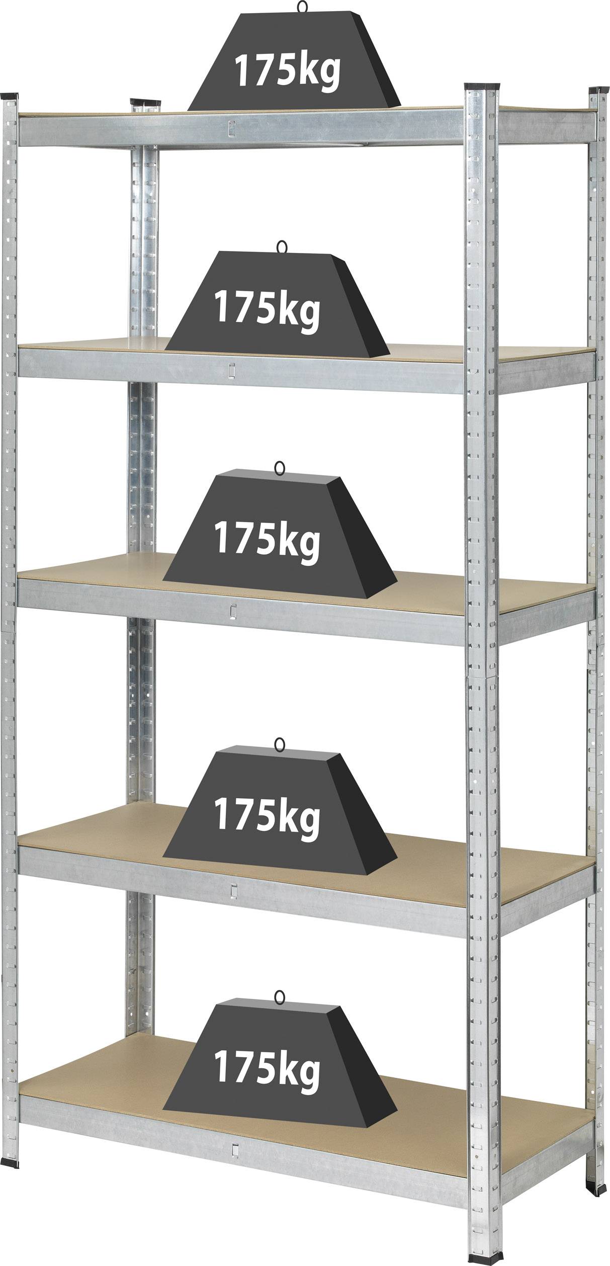 Metallregal mit fünf Ebenen, jede Ebene trägt ein Gewicht mit '175 kg' Aufschrift.