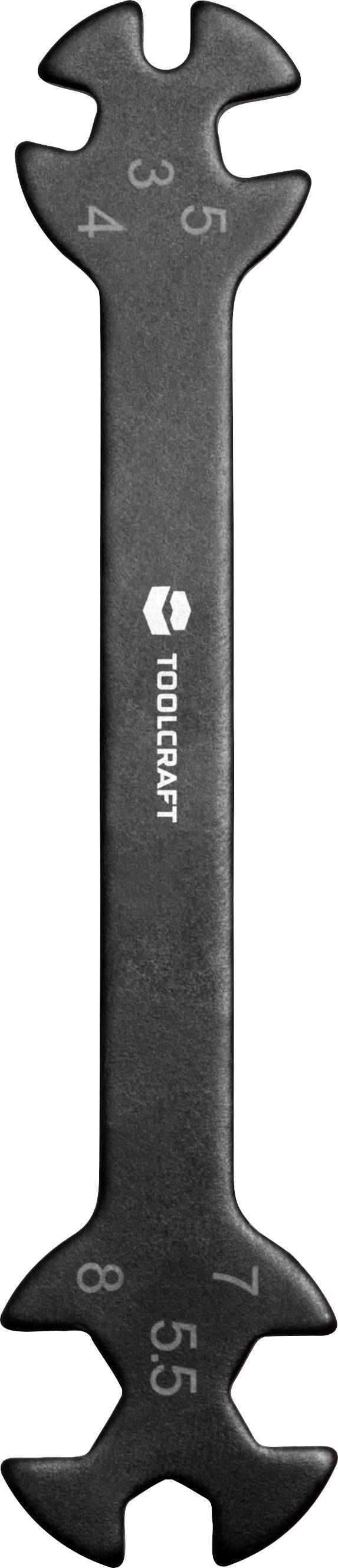 Schwarzer Doppelseitenschlüssel mit den Größenangaben 3, 3.5, 4, 5, 5.5, 7 und 8, Markenname 'Toolcraft' in der Mitte.