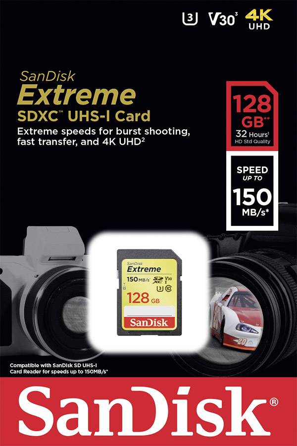 SanDisk Extreme® SDXC-Karte 128GB Class 10, UHS-I, UHS-Class 3, v30 Video Speed Class 4K-Videounterstützung