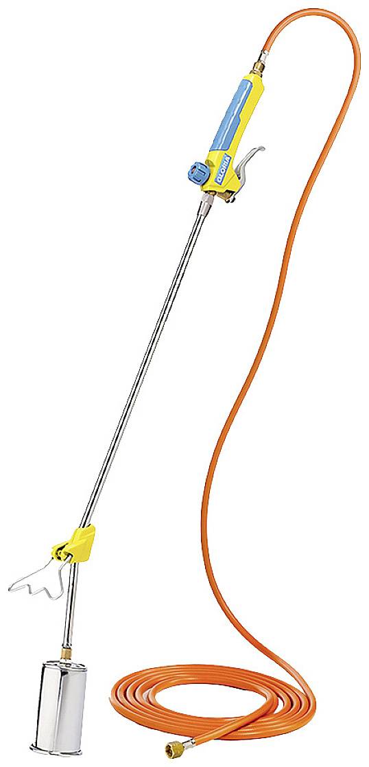 Ein Unkrautbrenner mit langem Stiel, gelb-blauem Griff und orangem Schlauch, geeignet zur sicheren, chemiefreien Unkrautvernichtung.
