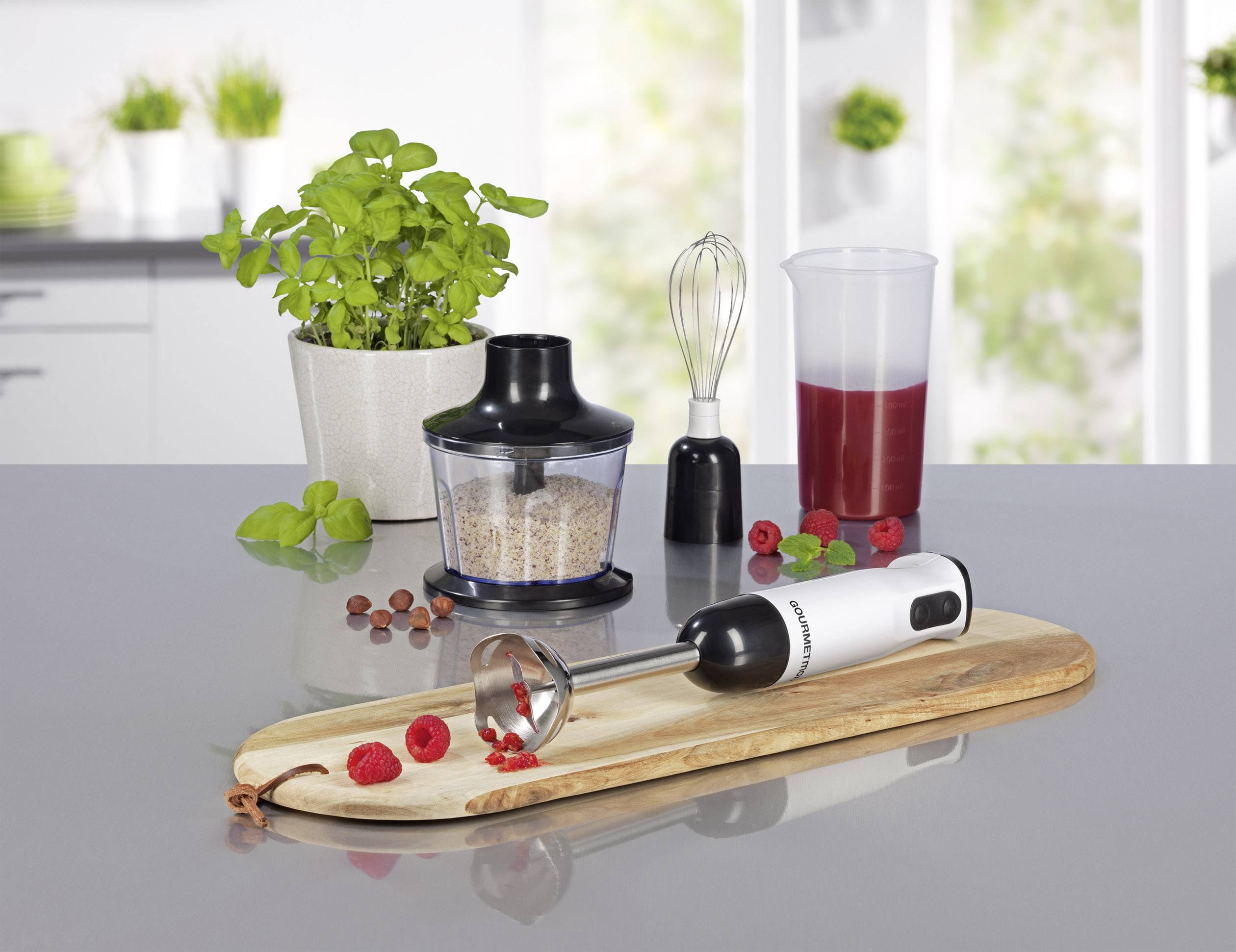 GourmetMaxx 06885 Stabmixer 600W mit Zerkleinereraufsatz Weiß, Schwarz