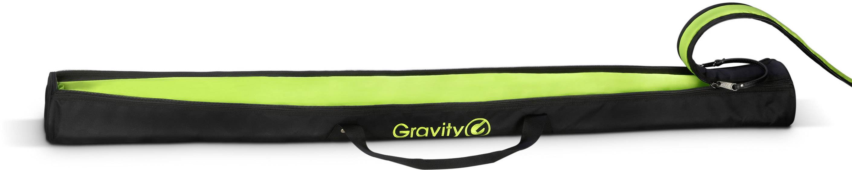 Langer, schmaler, schwarzer Tragegurt mit gelbem Innenfutter und 'Gravity'-Logo, geeignet zum Transportieren von Stativsäcken.
