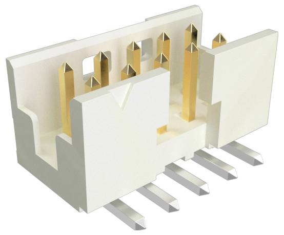 Weißer, rechteckiger Elektrostecker mit mehreren vergoldeten metallischen Stiften für elektronische Leiterplatten.