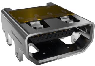 Nahaufnahme eines metallischen USB-Steckverbinders mit schwarzem Kunststoffgehäuse. Zu sehen ist die Vorderseite mit den Kontaktflächen.