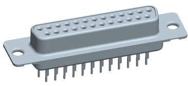 Ein D-Sub-Steckverbinder mit 25 Pins und zwei Befestigungslöchern, typischerweise zur Datenübertragung in elektronischen Geräten verwendet.