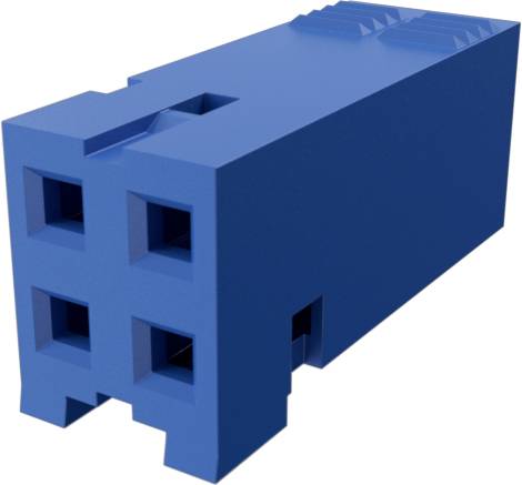 Eine blaue, 3D-gerenderter geometrischer Struktur mit sechs quadratischen Öffnungen, die einem Block mit einem komplexen Design und vorstehenden Elementen ähnelt.