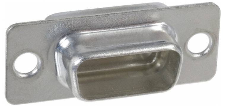 Ein Metallrechteckstecker mit einem breiten zentralen Schlitz und zwei Befestigungslöchern auf jeder Seite.