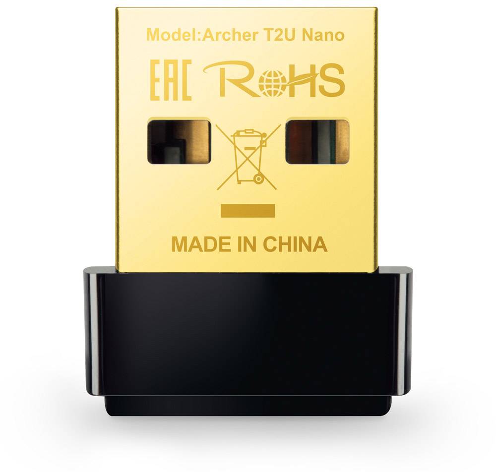 Ein kleiner, rechteckiger USB-Adapter mit der Aufschrift 'Archer T2U Nano', 'EAC', 'RoHS' und 'MADE IN CHINA' in Gold auf Schwarz.
