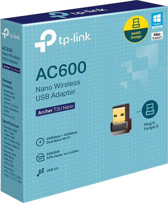TP-Link AC600 Nano Wireless USB Adapter-Verpackung. Eigenschaften: Dual Band, bis zu 600 Mbps, USB 2.0 Anschluss, kompatibel mit Mac.