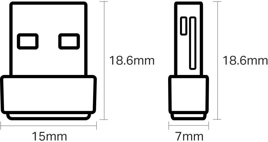 Abbildung eines USB-Sticks mit Maßen: Breite 15mm, Seitenansicht 7mm, Höhe 18,6mm. Zeigt Vorder- und Seitenansicht.