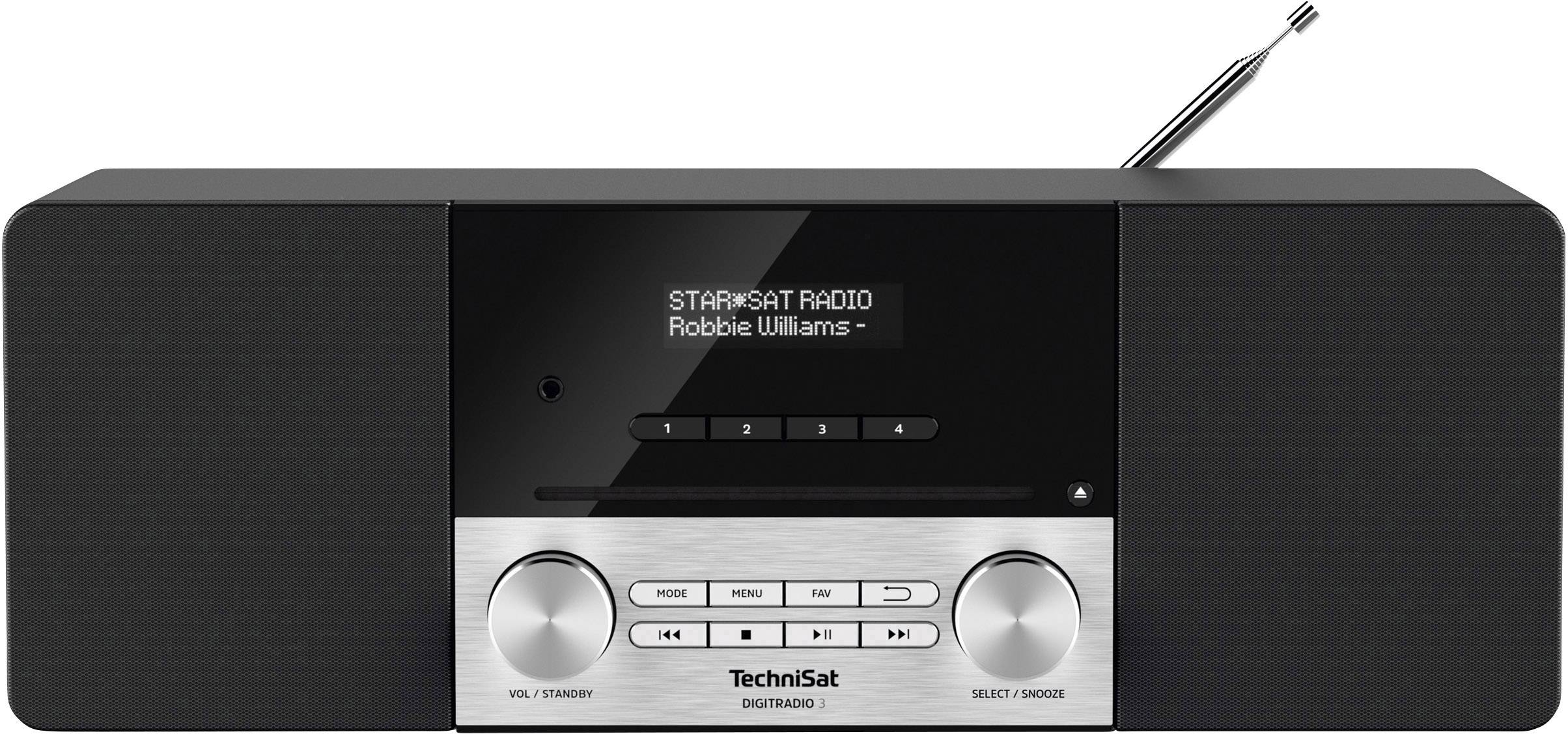 TechniSat DIGITRADIO 3 Tischradio DAB+, UKW DAB+, UKW, CD, USB, Bluetooth® Inkl. Fernbedienung, Weckfunktion, Akku-Ladefunktion Schwarz/Silber