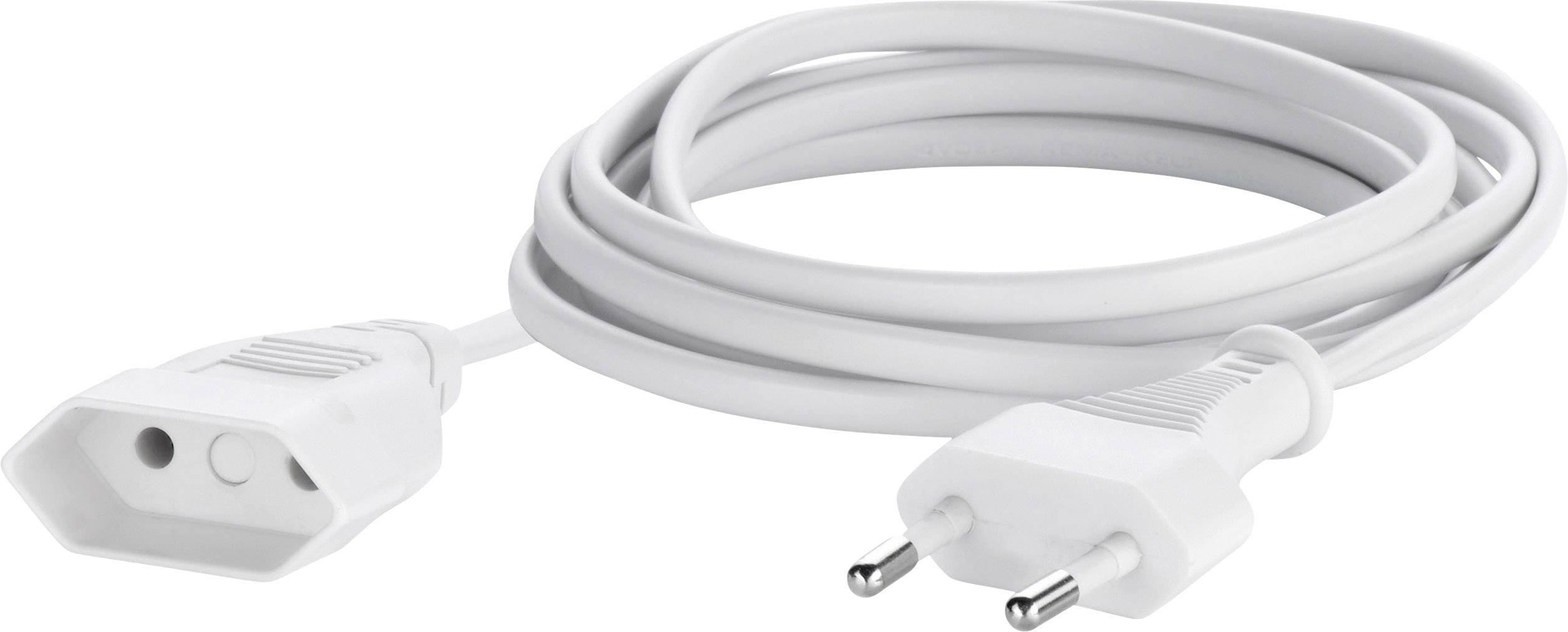 Ein weißes Verlängerungskabel mit einem Schuko-Stecker und einer Buchse. Das Kabel ist zusammengerollt.