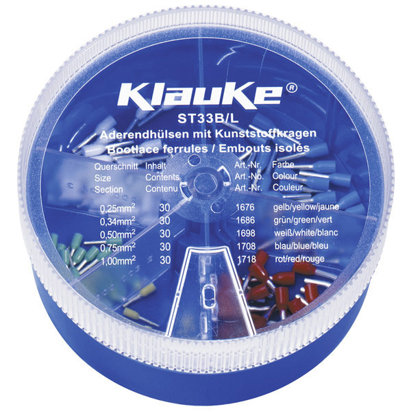 Klauke ST33B Aderendhülsen-Sortiment 0.25 mm², 0.34 mm², 0.5 mm², 0.75 mm², 1mm² Gelb, Grün, Weiß, Blau, Rot 150 Teile