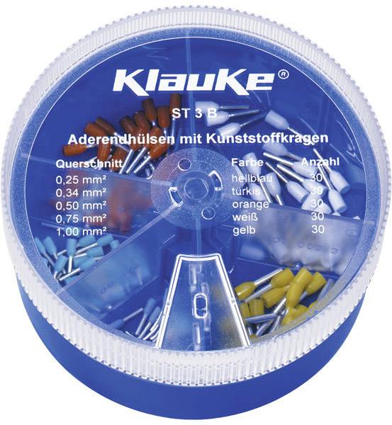 Runde Box mit Kabelhülsen in verschiedenen Farben und Größen: blau, rot, orange, weiß, gelb. Beschriftung: 'Aderenhülsen mit Kunststoffkragen'.