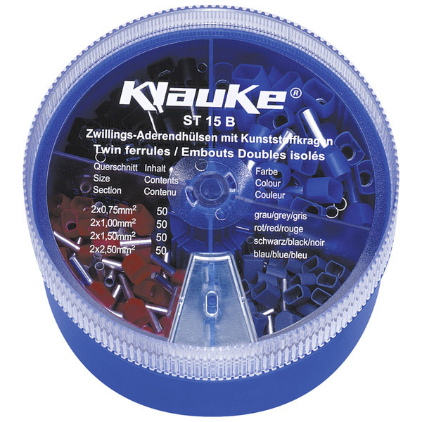 Klauke ST15B Zwillings-Aderendhülsen-Sortiment 0.75 mm², 1 mm², 1.5 mm², 2.5mm² Teilisoliert Grau, Rot, Schwarz, Blau 200 Teile