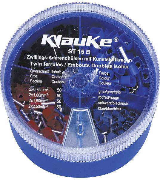 Klauke ST15B Zwillings-Aderendhülsen-Sortiment 0.75 mm², 1 mm², 1.5 mm², 2.5mm² Teilisoliert Grau, Rot, Schwarz, Blau 200 Teile