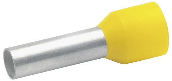 Eine gelbe kunststoffisolierte Aderendhülse mit einem zylindrischen Metallfass zum Verbinden von Elektrokabeln.
