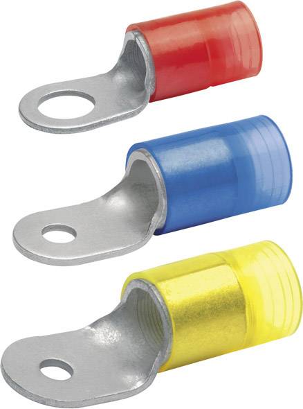 Drei bunte Kabelschuhe: oben rot, in der Mitte blau, unten gelb. Alle haben eine runde Öffnung für die Kabelbefestigung.