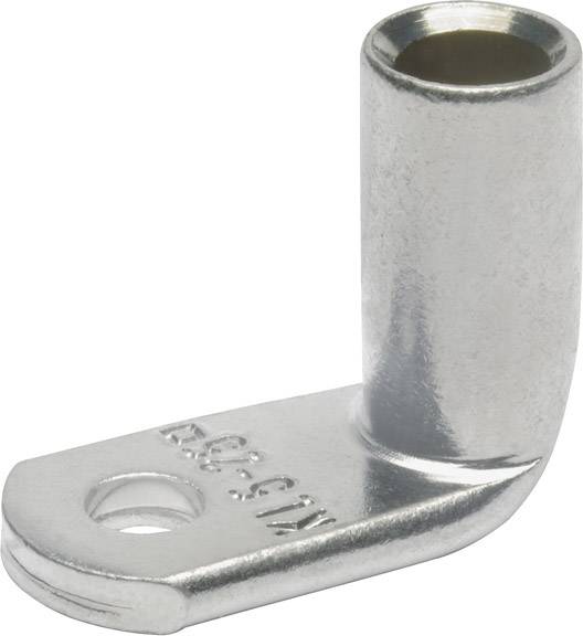 Metallischer Kabelschuh in L-Form mit Schraubenloch, zur Verbindung von Kabeln in elektrischen Anwendungen.