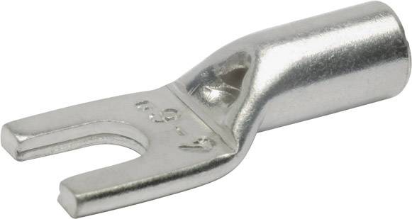 Metallischer Kabelschuh in Gabelform, dient zur sicheren elektrischen Verbindung von Kabeln mit Schraubklemmen.