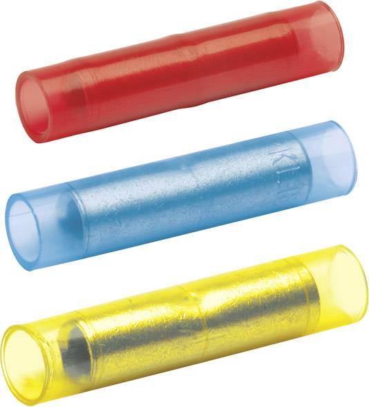 Drei bunte Schrumpfverbinder: oben rot, Mitte blau, unten gelb. Sie dienen der elektrischen Verbindung und Isolierung von Kabeln.