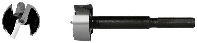 'Holzbohrer mit scharfen Kanten', zeigt ein Werkzeug mit Schneidezähnen, um präzise Löcher in Holz zu bohren.