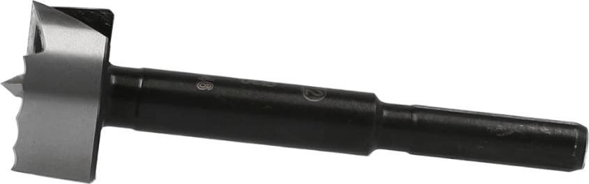 Ein schwarzer zylindrischer Stift oder Werkzeugteil, vermutlich aus Metall, liegt horizontal vor einem weißen Hintergrund.