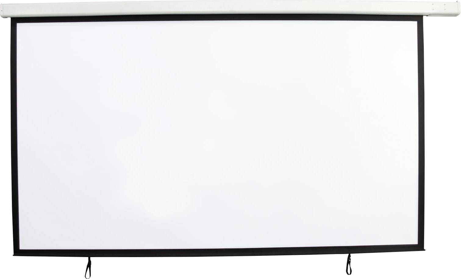 Leinwand für Projektor, rechteckig, weiß mit schwarzem Rand, an einer weißen Halterung befestigt. Ideal für Präsentationen oder Filme.
