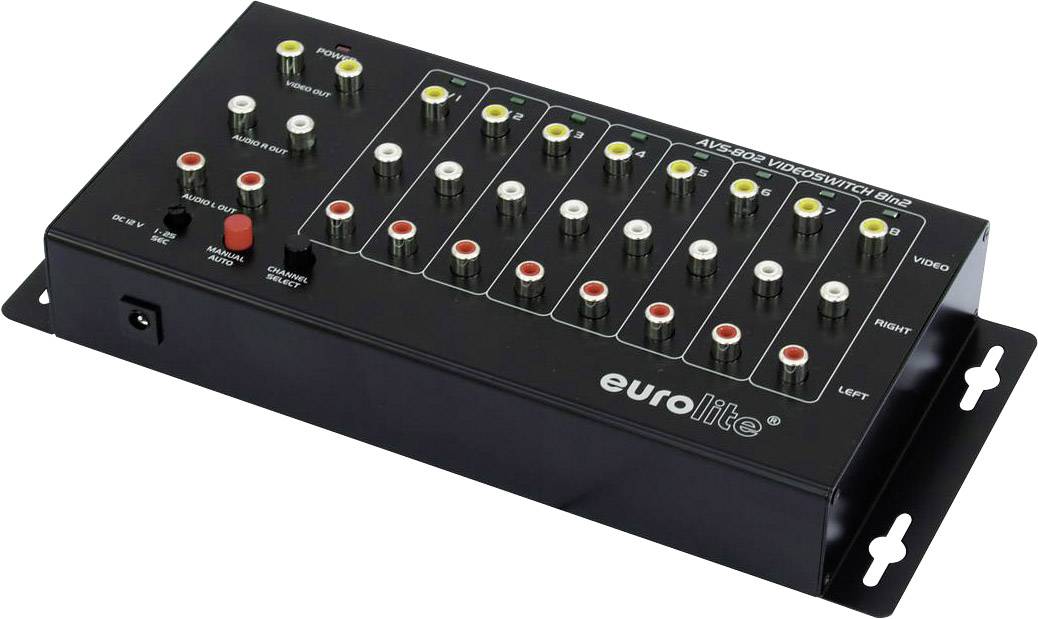 'Eurolite AVS-808 Video-Switch' mit 8 Schaltern und mehreren Audio-Video-Eingängen zur Steuerung von Bild- und Audiosignalen.