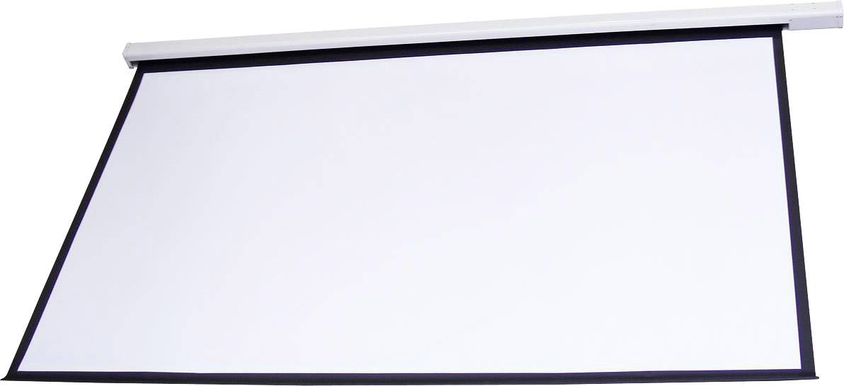 Leinwand für Präsentationen oder Filmvorführungen, heruntergezogen, mit schwarzem Rahmen.