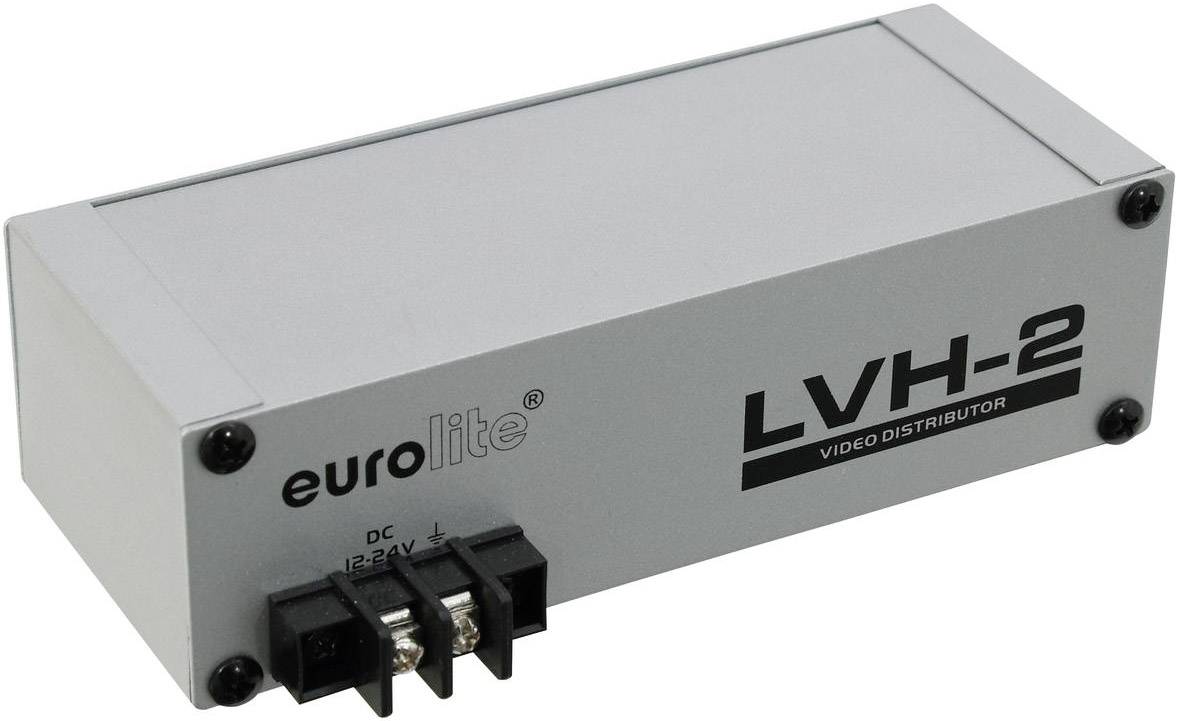 Ein rechteckiger Eurolite LVH-2 Videoverteiler mit Eingangs- und Ausgangsanschlüssen. Das Gerät ist für Gleichspannung von 12 bis 24 V geeignet.