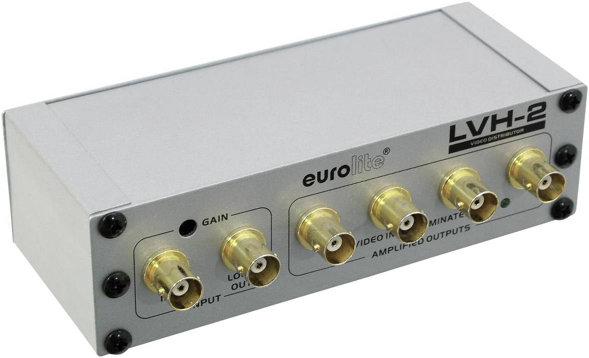 'Eurolite LVH-2' Videodistributionsverstärker mit sechs vergoldeten BNC-Ausgängen und einem BNC-Eingang, Gain-Regler links.