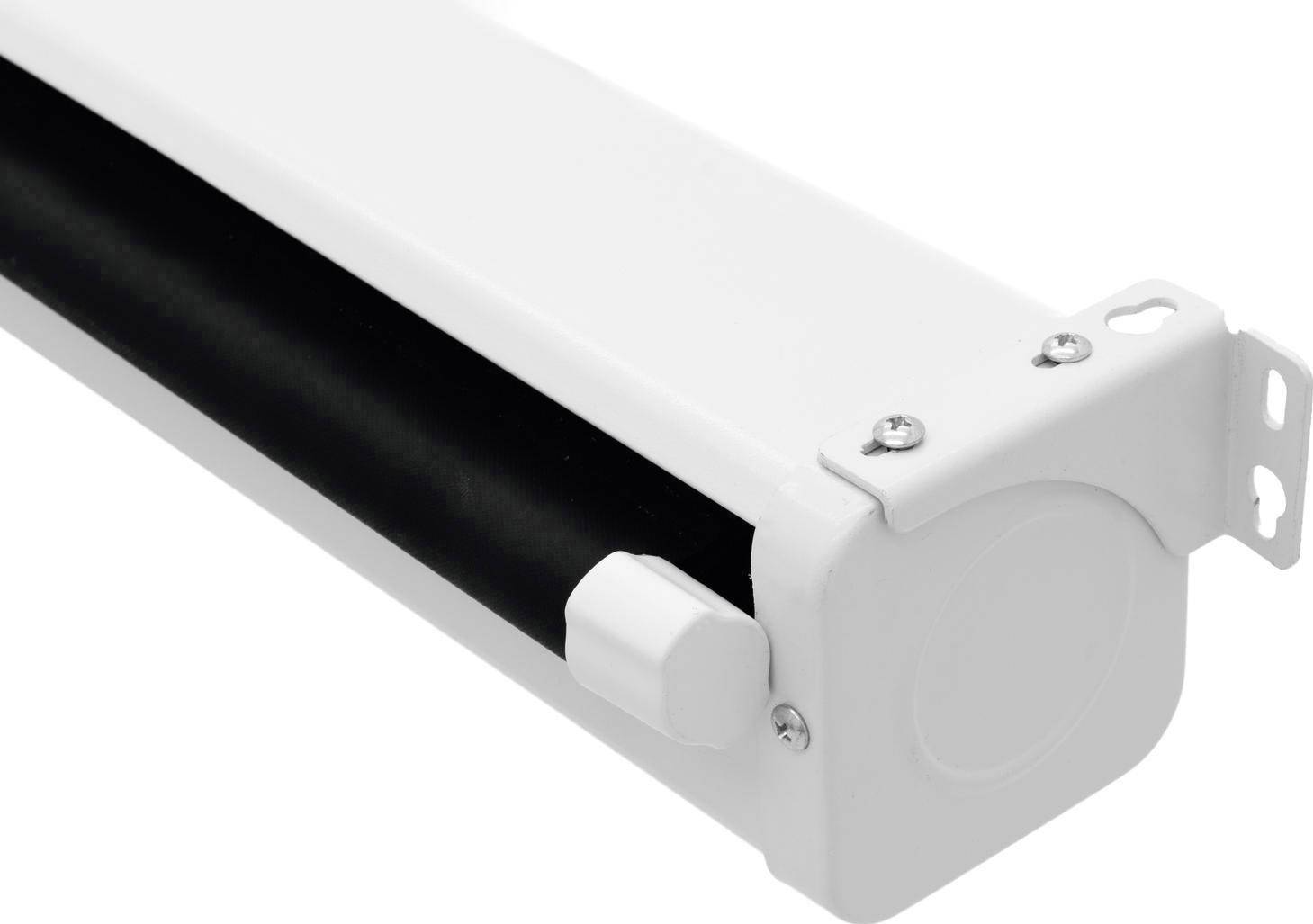 Nahaufnahme einer weißen, rechteckigen Gehäusekassette mit schwarzer Rolle, vermutlich ein Teil eines Rollosystems.