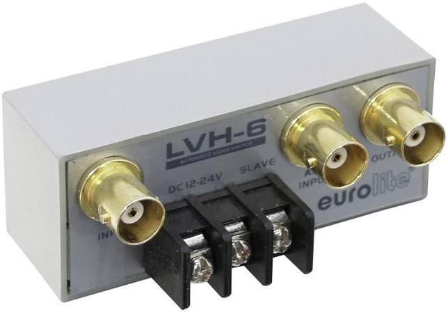 Ein Eurolite LVH-6 Video-Splitter mit drei BNC-Anschlüssen und einem Bereich für Drahtanschlüsse, geeignet für DC 12-24V Systeme.