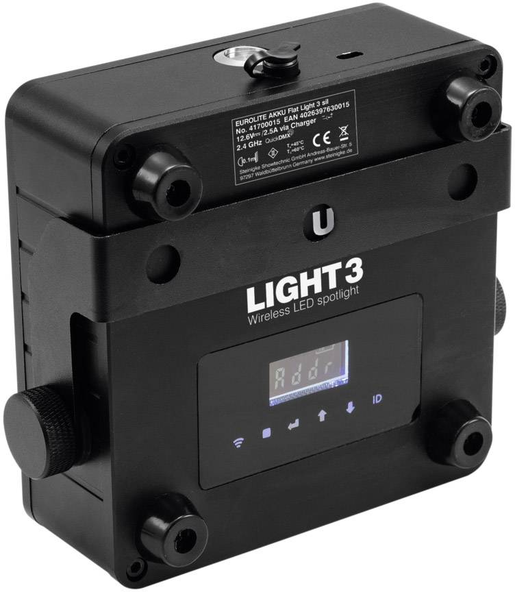 Kabelloser LED-Spotlight mit digitalem Display zur Steuerung, schwarzem Gehäuse und mehreren Anschlüssen für Lichtinstallationen.