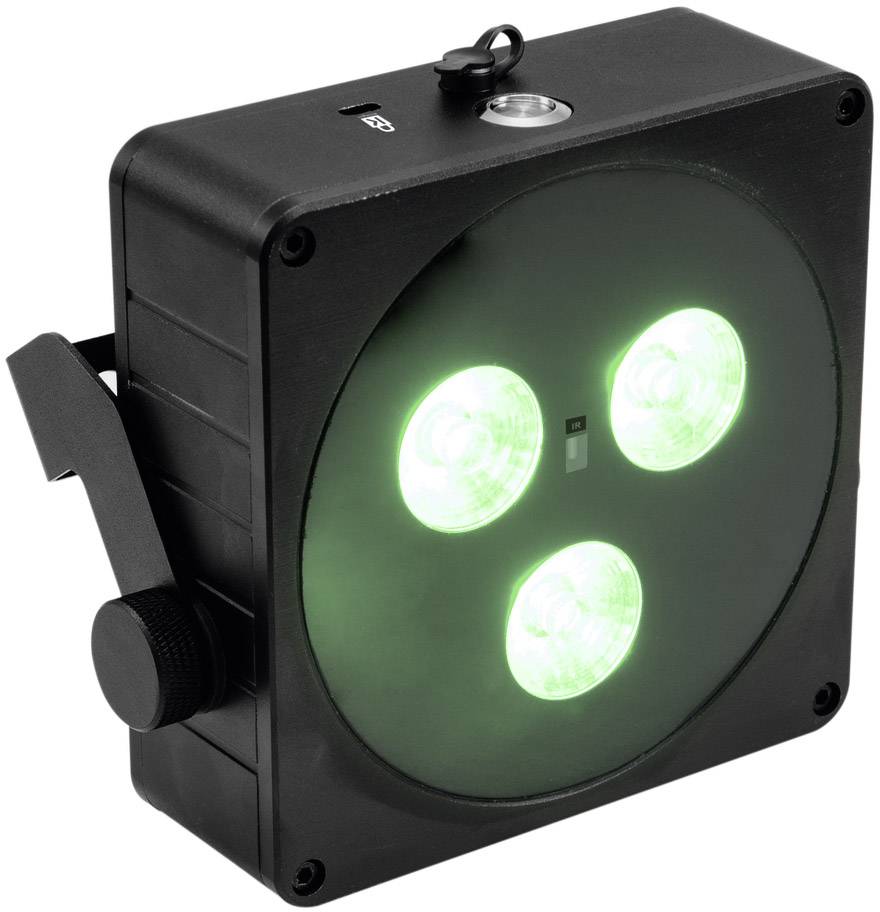 Ein schwarz quadratischer LED-Scheinwerfer mit drei grünen Lichtern, geeignet für Bühnenbeleuchtung oder Veranstaltungen.