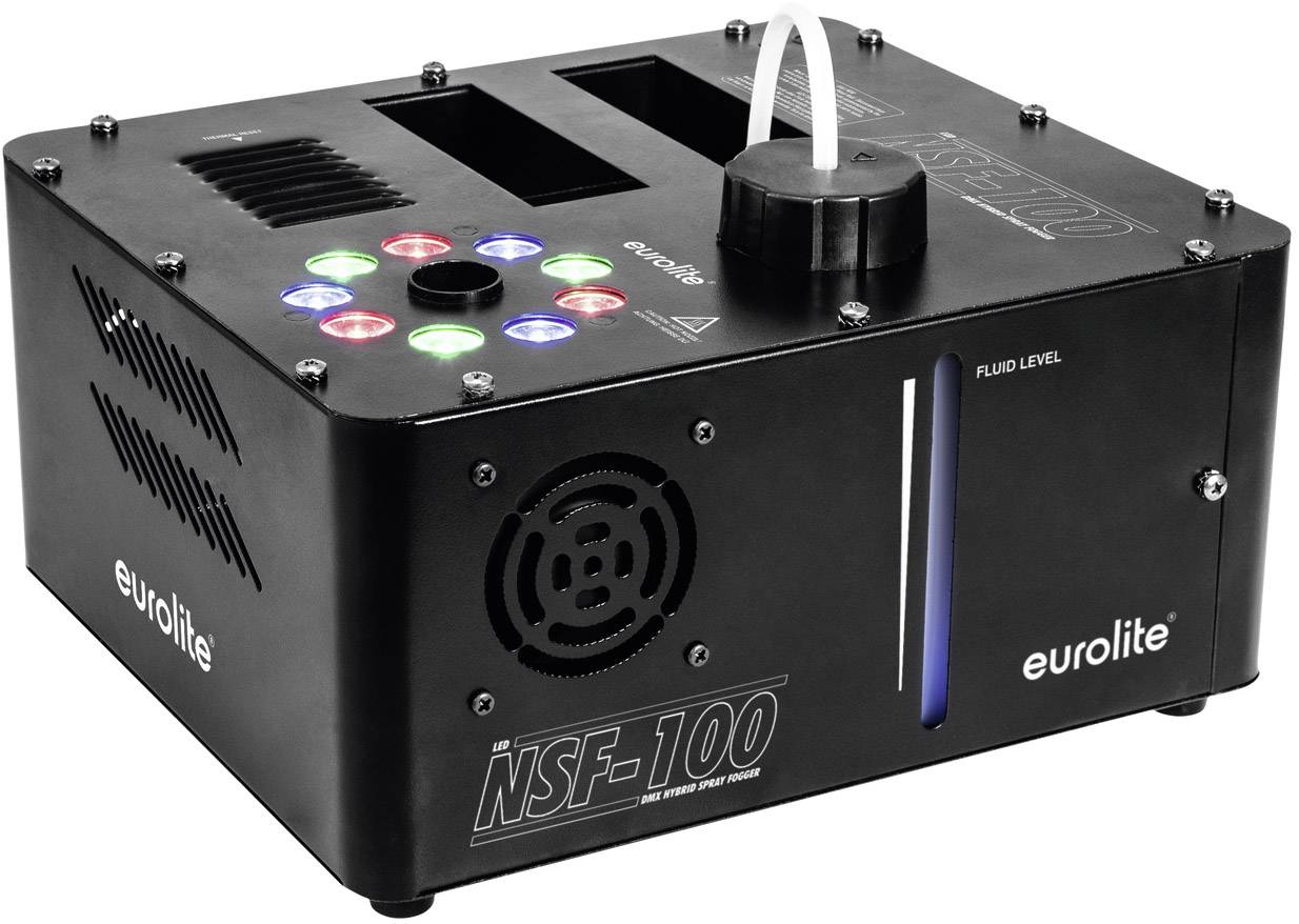 Ein schwarzer Nebel- und Schaummaschinenkasten von Eurolite, Modell NSF-100, mit leuchtenden Bedienelementen und Lüftungsschlitzen.