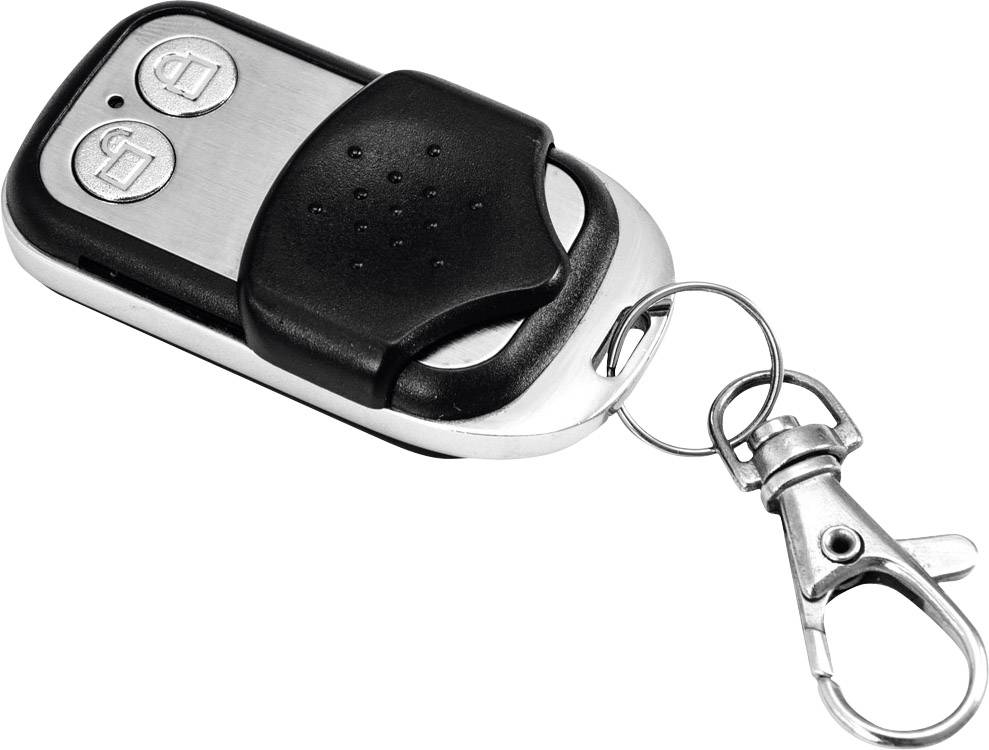 Schlüsselanhänger mit Fernbedienung, zwei Tasten und einem Karabinerhaken.