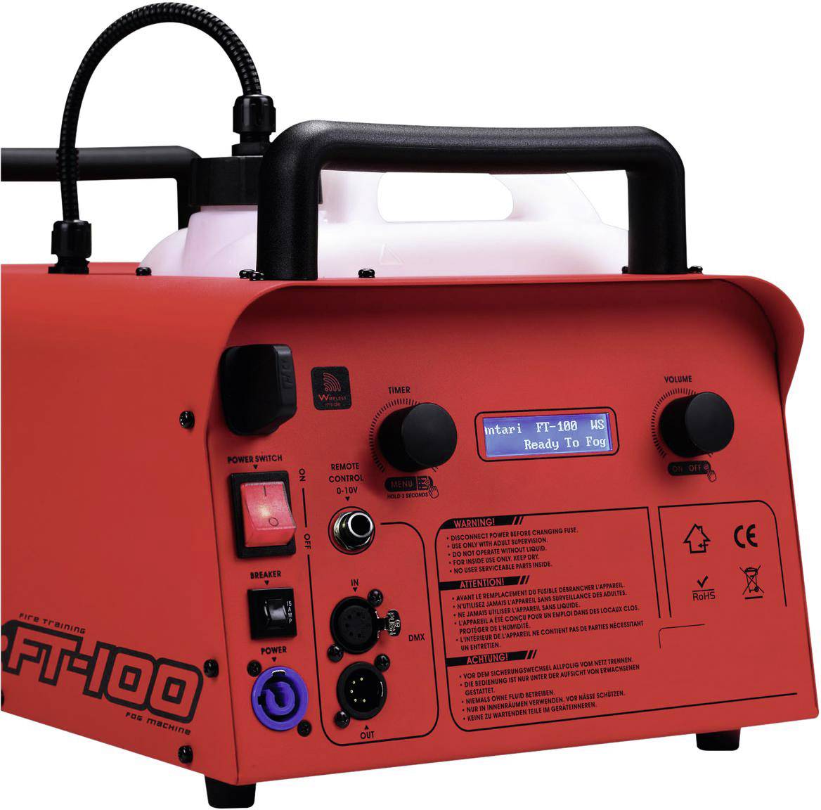 Rote Nebelmaschine mit Griff und Schaltern. Display zeigt 'Ready To Fog'. Mehrere Anschlussbuchsen und Schalter vorne sichtbar.