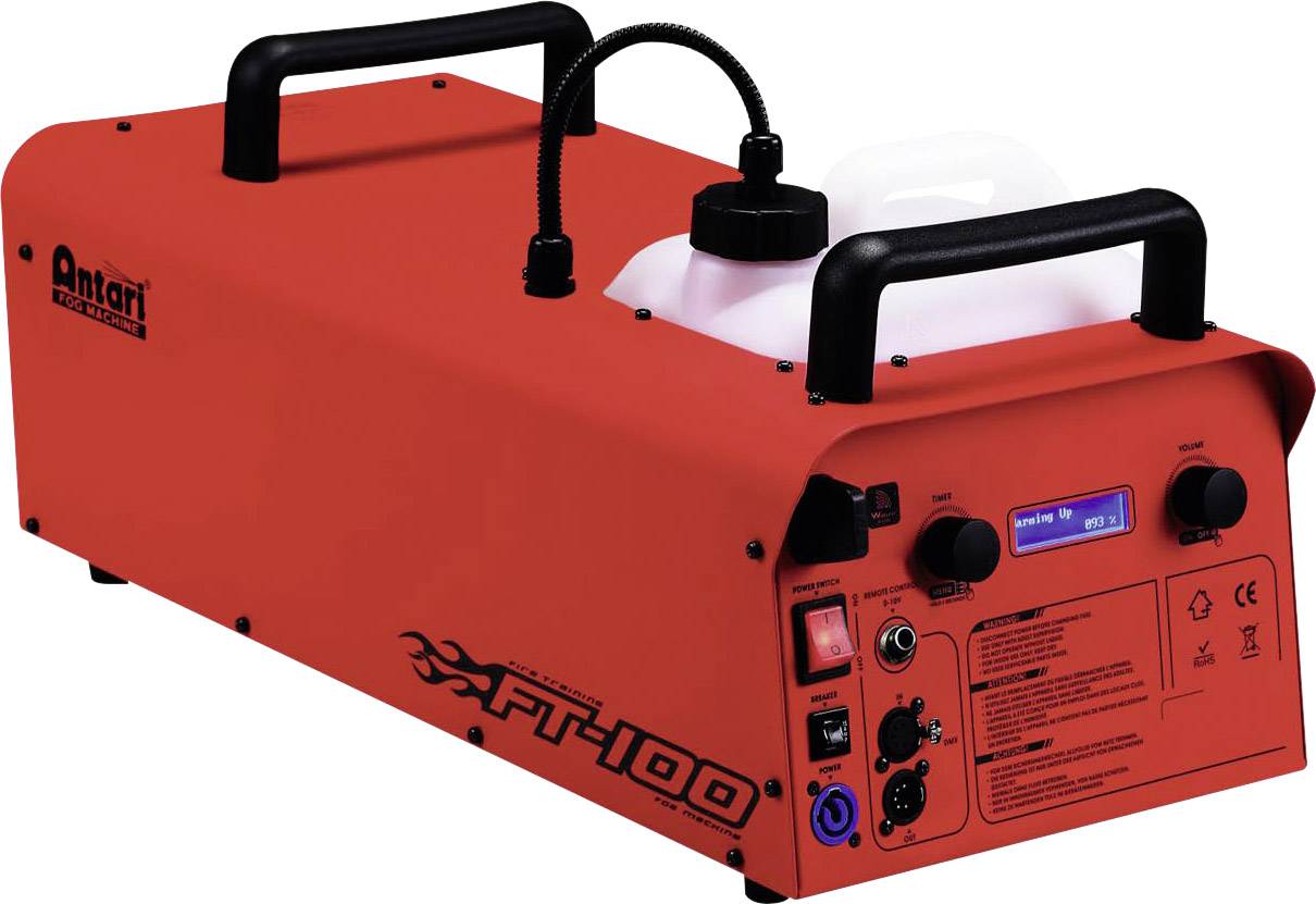 Rote Nebelmaschine mit schwarzen Griffen, Bedienelementen und Anzeigen auf der Vorderseite. Marke: Antari. Model: FT-100.
