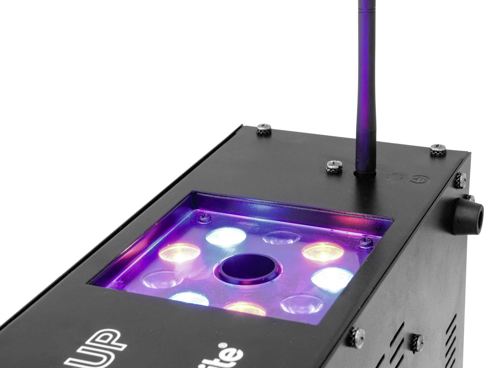 Ein schwarzes Gerät mit bunten LED-Leuchten und einer Antenne.