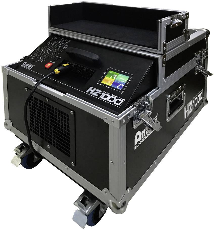 Eine schwarze Nebelmaschine mit der Modellbezeichnung 'HZ1000' auf Rädern. Sie hat ein digitales Display und mehrere Bedienelemente.