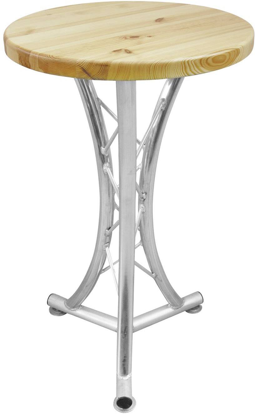 Ein runder Stehtisch mit einer hölzernen Tischplatte und einem Metallgestell. Ideal für Bars oder Veranstaltungen.