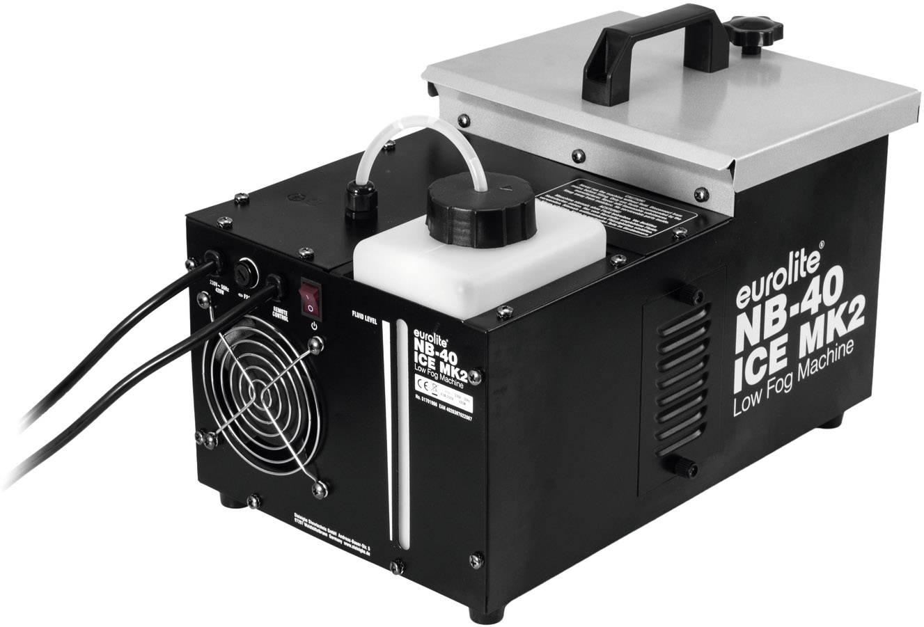 Nebelmaschine mit Lüftungsgitter, Bedienfeld und Griff. Markiert als 'eurolite NB-40 ICE MK2 Low Fog Machine'.