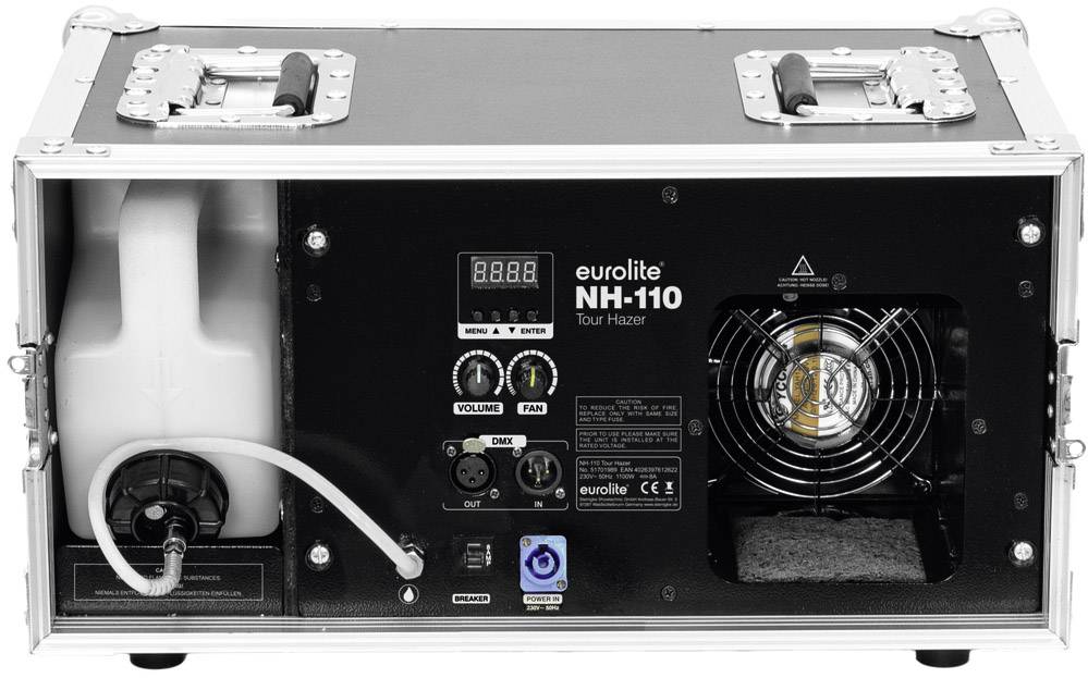 'Nebelmaschine mit Lüfter, Wasserbehälter und Bedienelementen, geeignet für Bühneneffekte. Markiert mit 