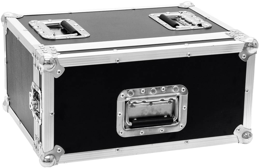 Ein schwarzer Transportkoffer mit Metallverstärkungen und Tragegriffen, geeignet für den sicheren Transport empfindlicher Ausrüstung.