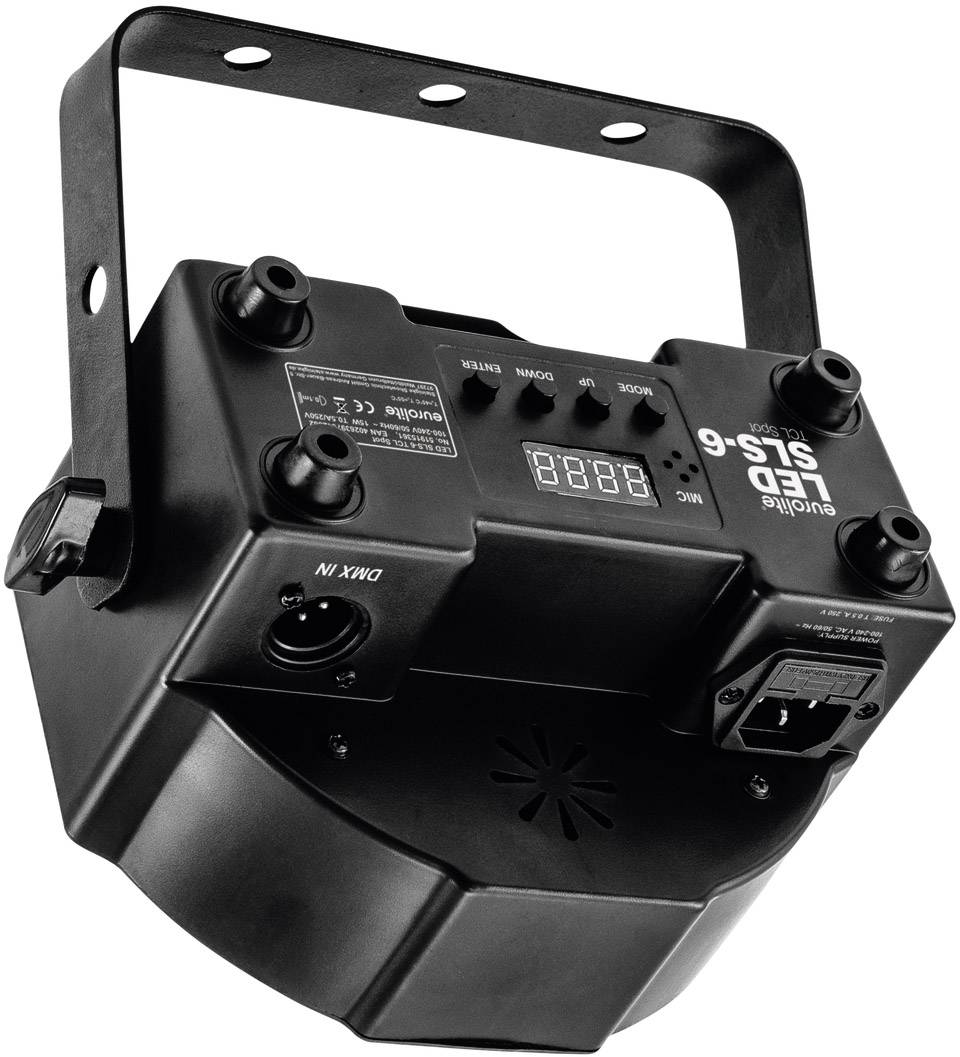 Ein schwarzes Beleuchtungsgerät mit LED-Anzeige und mehreren Knöpfen, zur Bühnenbeleuchtung, mit Anschlüssen für DMX-Steuerung.