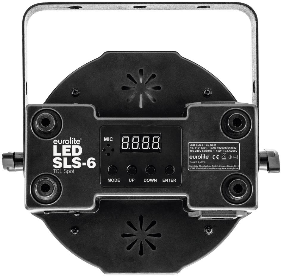 'Eurolite LED SLS-6 TCL Spot' – Schwarze, runde LED-Leuchte mit digitalem Display und Steuerungstasten, geeignet für Bühnenbeleuchtung.